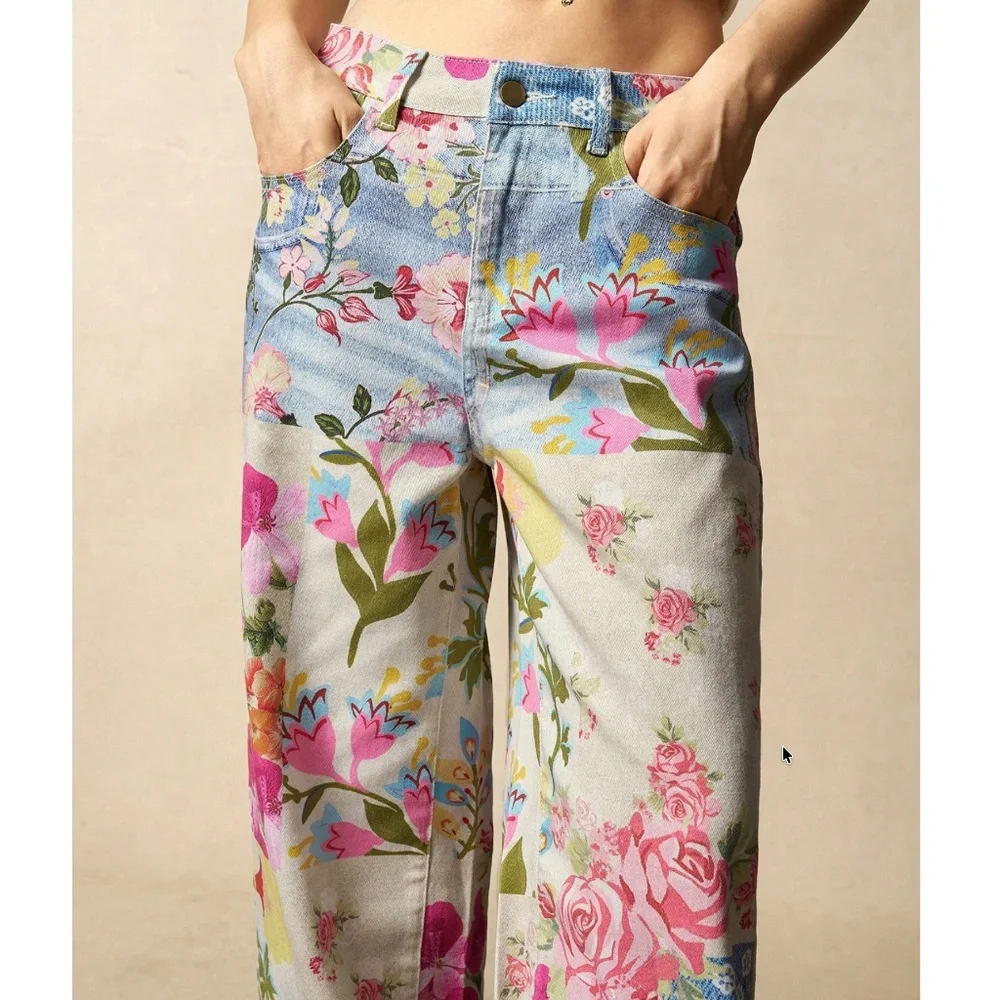 Boho Floral Print Wide leg Denim Jeans